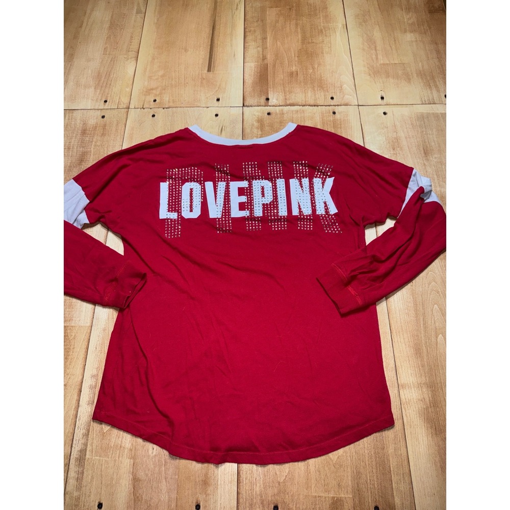 PINK Victoria's Secret Red Long Sleeve‎ Graphic T Shirt Rhinestone Dog Logo M